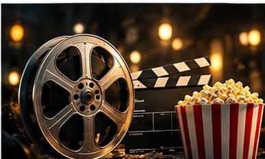 Filmrol, filmklapper en popcorn in een bioscoopachtige omgeving