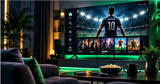 Woonkamer met een televisie waarop een voorbeeld van een entertainmentinterface te zien is