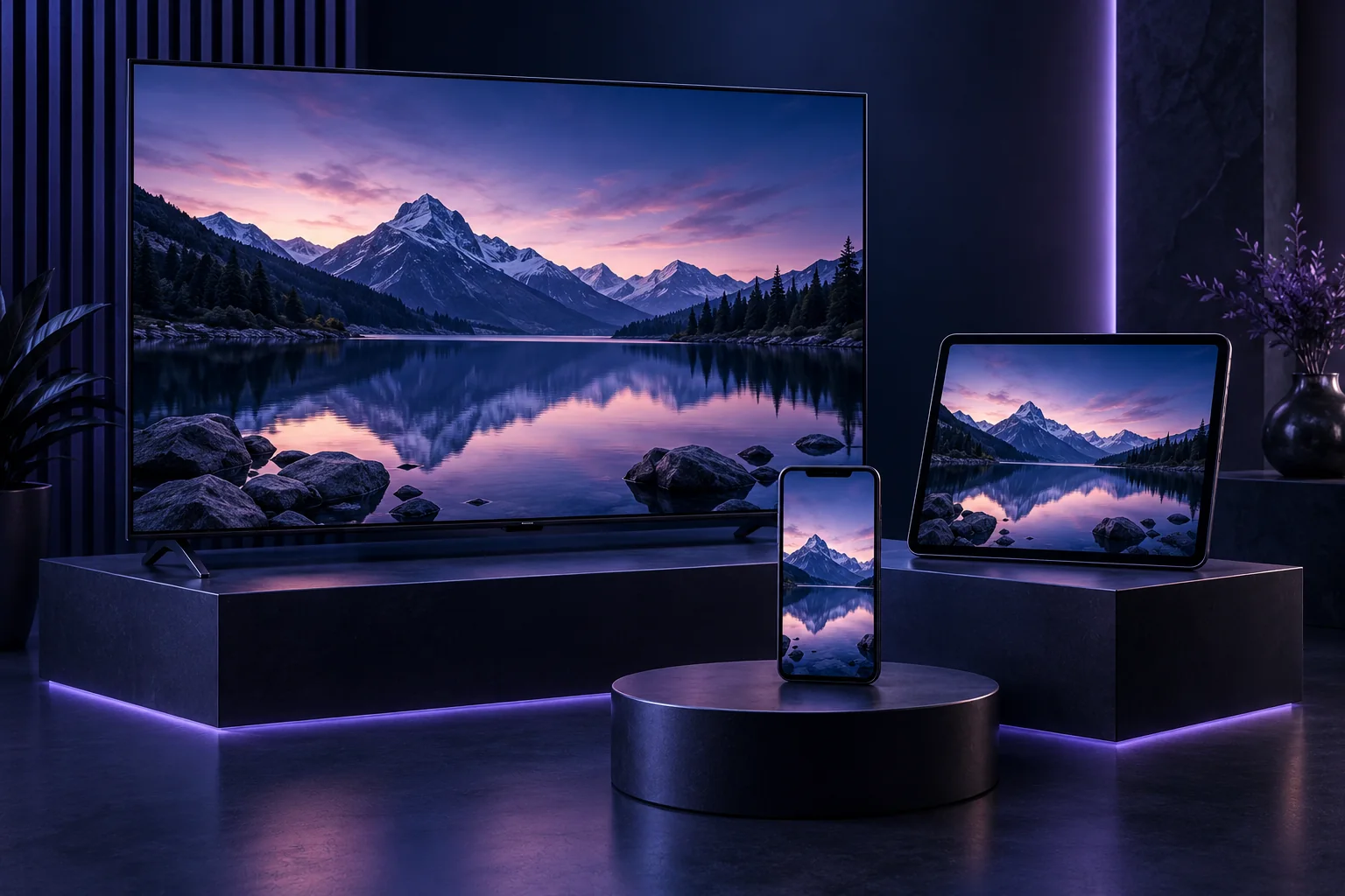 Televisie, tablet en smartphone met hetzelfde landschap