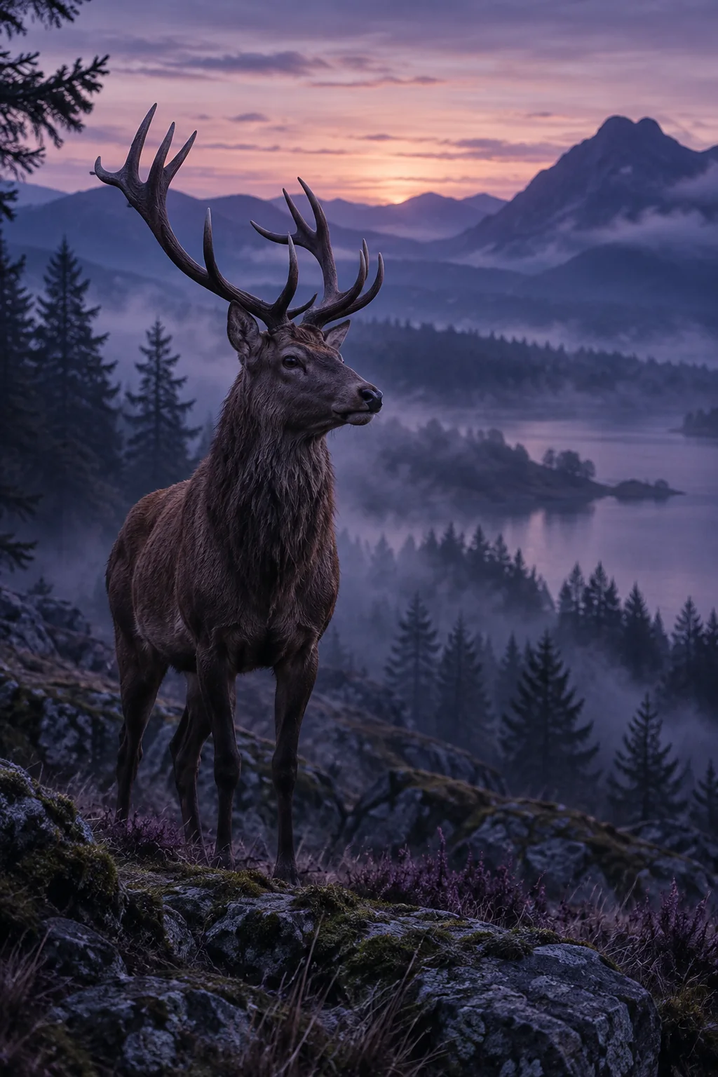 Hert in een berglandschap bij zonsopkomst