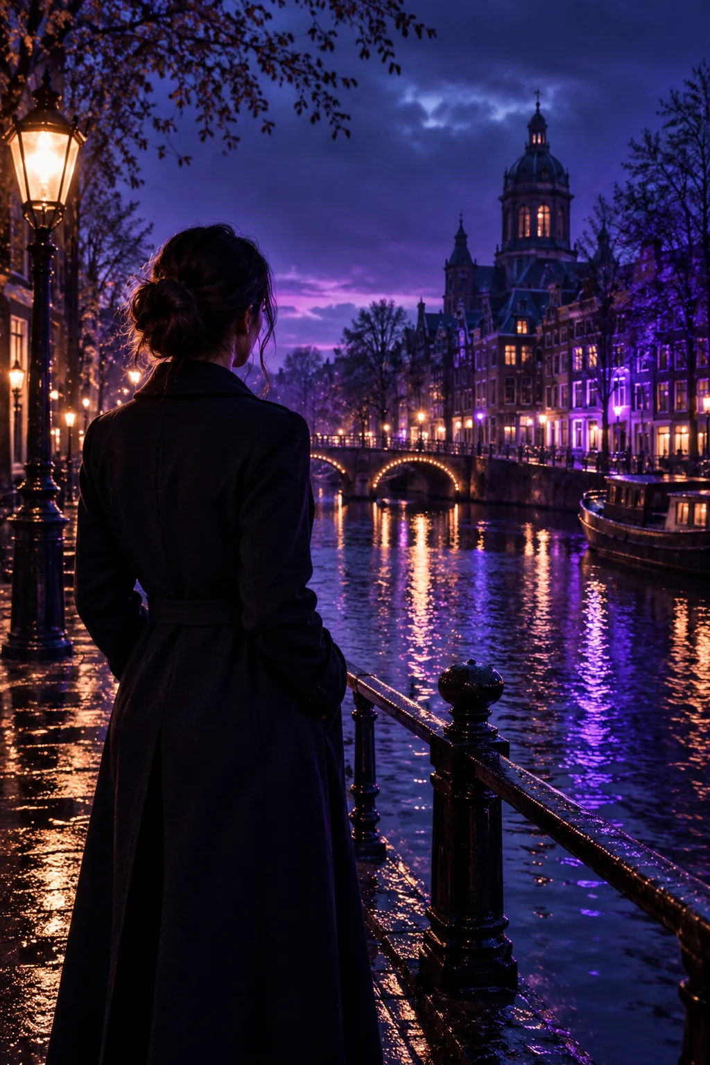 Vrouw aan een Amsterdamse gracht in de avond