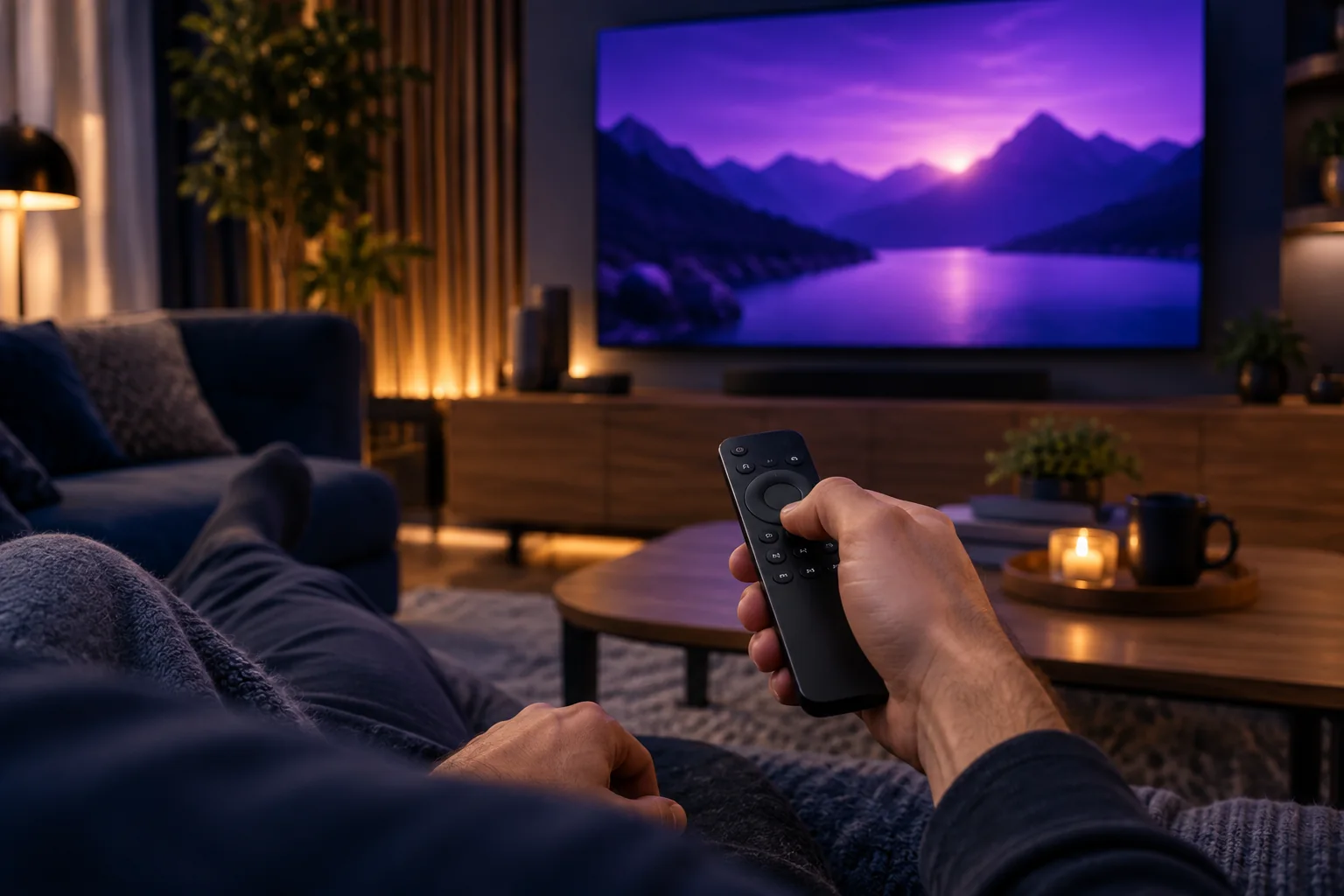 Hand met afstandsbediening voor een televisie