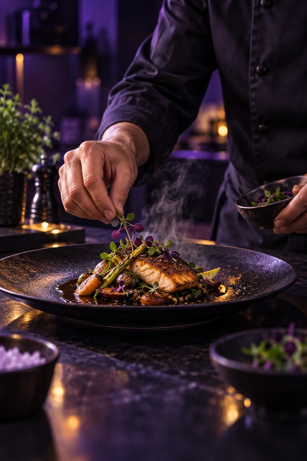 Chef die een gerecht opmaakt