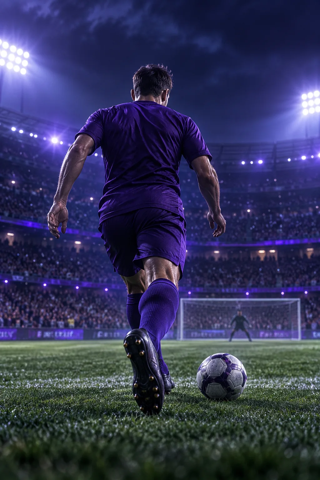 Voetballer in een verlicht stadion